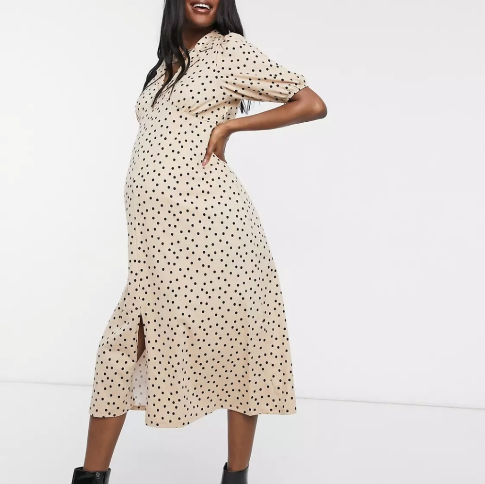 ASOS DESIGN Maternity Ultimate Midi Tea Dress Camel & Black Polka Dot Size 4